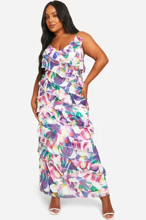 Boohoo Vestido Plus Maxi Asimétrico De Flores Con Volante