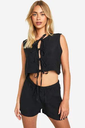 Boohoo Conjunto Efecto Lino De Pantalón Corto Y Blusa Sin Mangas Con Atadura Frontal