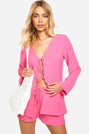 Boohoo Pantalón Corto Holgado Y Blusa Martillada Con Atadura Frontal