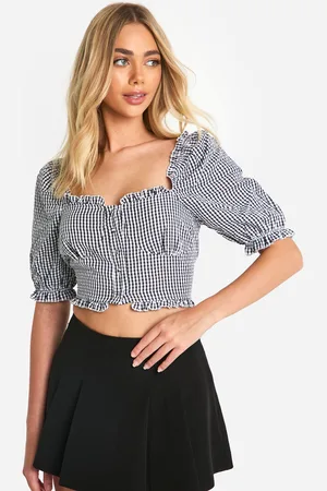 Boohoo Top Crop De Cuadros Vichy Con Mangas Abullonadas Y Volante En El Bajo
