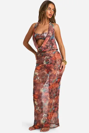 Boohoo Vestido Maxi Para La Playa Con Escote Plisado Y Estampado De Mariposas