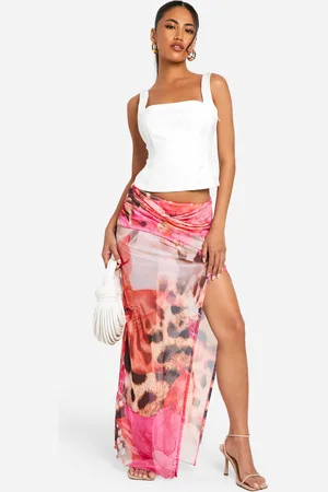 Boohoo Falda Maxi Fruncida De Malla Con Estampado Animal