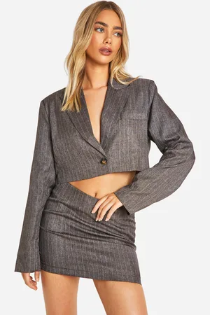 Boohoo Americana Entallada Recta Crop Jaspeada Premium De Raya Diplomática