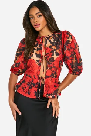 Boohoo Blusa De Leopardo Con Mangas Bombachas Y Atadura Frontal