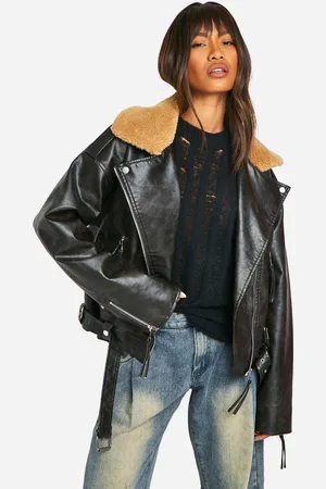 Boohoo Chaqueta Motera De Cuero Sintético Efecto Vintage Con Cuello De Borreguito