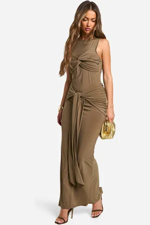 Boohoo Vestido Maxi Fruncido Con Nudo Y Escote Estilo Nadador