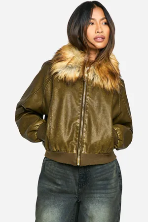 Boohoo Chaqueta Bomber Efecto Vintage De Cuero Sintético Con Cuello De Pelo