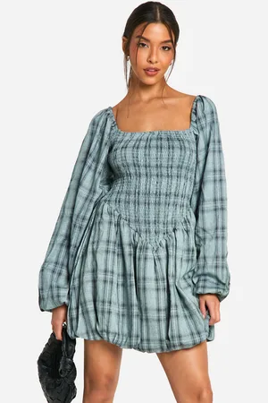 Boohoo Vestido Mini Fruncido De Cuadros Con Manga Larga Y Mangas Abullonadas