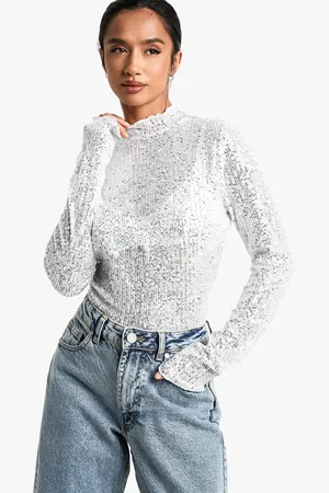 Boohoo Top Petite De Manga Larga Y Lentejuelas Con Cuello Alto