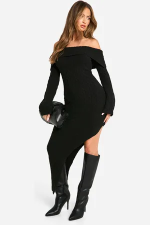 Boohoo Vestido Maxi De Punto En Ochos Suave Con Escote Bardot Y Filo Asimétrico