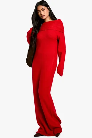 Boohoo Vestido Jersey Oversize Premium De Punto Canalé Con Escote Bardot