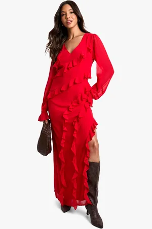 Boohoo Vestido Maxi De Chifón Y Manga Larga Con Volante