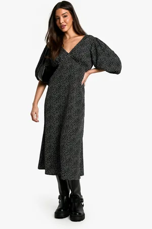 Boohoo Vestido Midi De Lunares Con Mangas Abullonadas Y Atadura En La Espalda