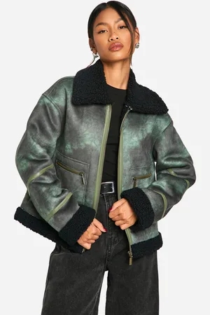 Boohoo Chaqueta De Aviador Efecto Vintage Con Ribete De Borreguito Sintético