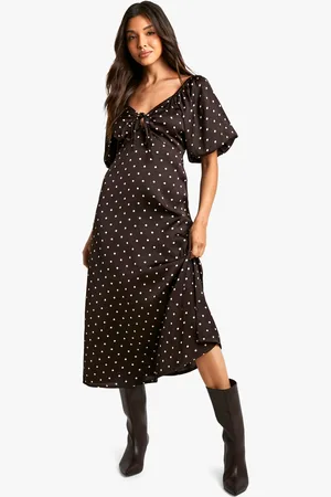 Boohoo Vestido Midaxi De Raso Con Estampado De Lunares Y Mangas Abullonadas