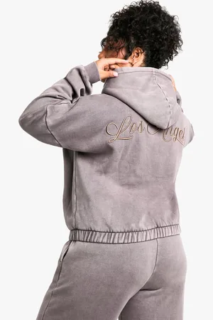 Boohoo Sudadera Plus Con Capucha, Cremallera Y Filo Elástico Sobreteñido Con Estampado De Los Angeles