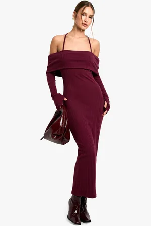 Boohoo Vestido Midaxi De Canalé Ancho Con Escote Bardot Y Atadura