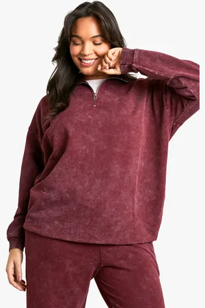 Boohoo Sudadera Plus Oversize Premium Sobreteñida Con Cremallera A La Mitad En Color Burdeos