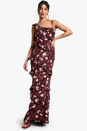 Boohoo Vestido Maxi De Flores Con Volante Y Un Hombro Descubierto