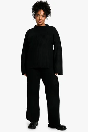 Boohoo Conjunto Plus De Punto Suave De Pantalón De Punto Y Jersey Oversize De Canalé Grueso Con Cuello De Caja