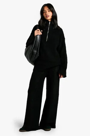 Boohoo Conjunto Coordinado Petite De Punto De Borreguito Con Pantalón De Pernera Ancha Y Jersey Oversize Con Cremallera A La Mitad