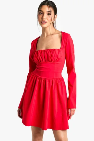 Boohoo Vestido Skater De Manga Larga Estilo Corsé De Bengalina