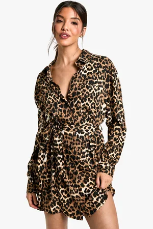 Boohoo Vestido Camisero De Leopardo Con Cinturón Y Mangas De Murciélago
