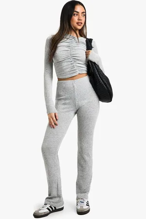 Boohoo Conjunto Jaspeado De Pantalón De Campana Y Top Fruncido De Canalé