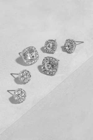 Boohoo Pack De 3 Pares De Pendientes Plateados Cuadrados Con Incrustaciones