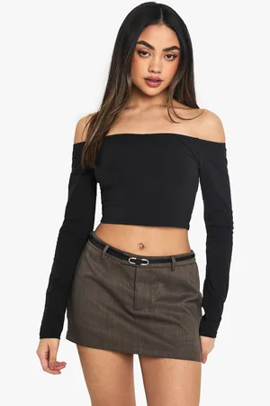 Boohoo Top Crop Básico De Manga Larga Con Escote Barco