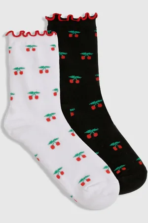 Boohoo Pack De 2 Pares De Calcetines Con Estampado De Cerezas Y Volante En Contraste