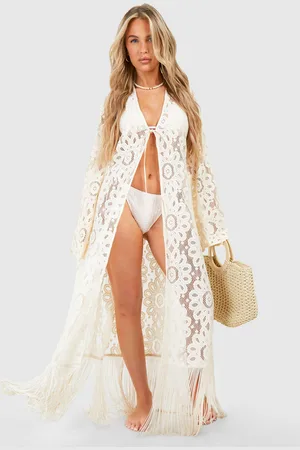 Boohoo Kimono Para La Playa De Croché Con Flecos En El Filo