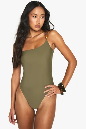 Boohoo Bañador Con Un Hombro Descubierto Y Estampado Efecto Resina Color Piedra