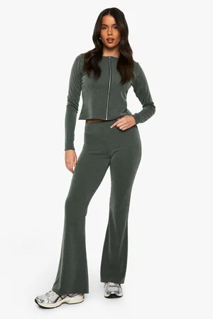 Boohoo Pantalón De Campana Y Top De Canalé Con Cremallera En Dos Tonos