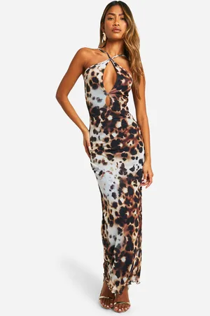 Boohoo Vestido Maxi De Malla Con Escote Halter Y Estampado De Leopardo