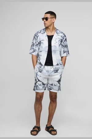 Boohoo Conjunto Oversize De Pantalón Corto Y Camisa De Raso Con Media Manga Y Estampado De Palmeras