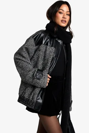 Boohoo Chaqueta Tall Bomber Oversize De Espiguilla Con Ribete De Cuero Sintético En Contraste