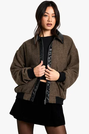 Boohoo Chaqueta Tall Bomber Efecto Lana Con Ribete De Cuero Sintético
