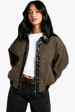 Boohoo Chaqueta Bomber Petite Efecto Lana Con Ribete De Cuero Sintético