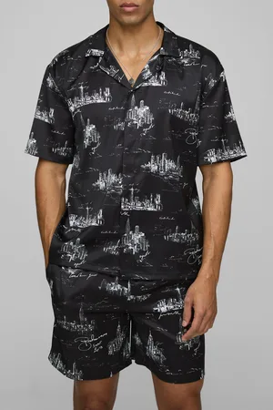 Boohoo Conjunto Oversize De Pantalón Corto Y Camisa De Raso Con Solapas Y Estampado De Paisaje