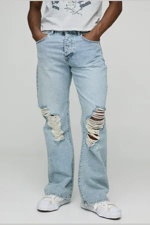 Boohoo Relaxed Flare Ripped Knee Blue Wash Jeans
