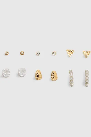 Boohoo Pack De 6 Pendientes De Metal Martillado Y Perlas