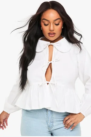 Boohoo Blusa Plus De Algodón Con Cuello Y Atadura Frontal