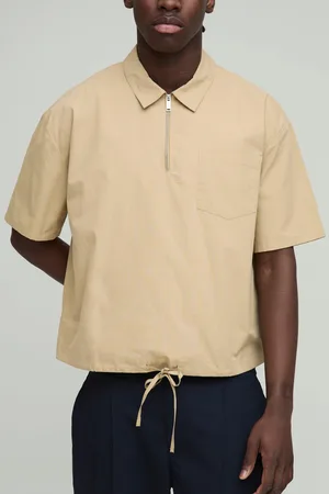 Boohoo Camisa Oversize Recta De Manga Corta Con Cremallera 1/4 En Tonos Piedra