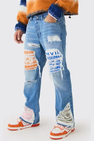 Boohoo Vaqueros Holgados De Campana Sin Tratar Con Desgarros Cosidos Y Aplique