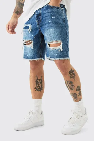 Boohoo Pantalones Cortos Vaqueros Ajustados Sin Tratar Rotos Con Salpicaduras De Pintura En Claro