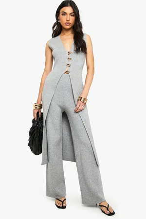 Boohoo Conjunto Coordinado De Pantalón De Pernera Ancha Y Chaleco Largo De Punto Con Botones Dorados
