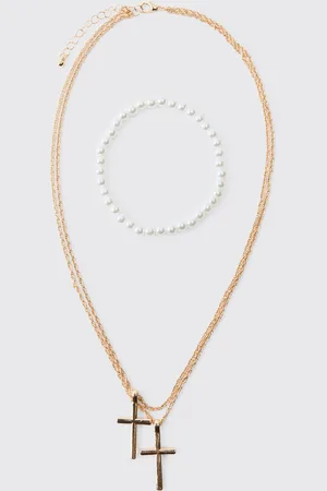 Boohoo Set De Collar Con Cruz Doble Y Pulsera De Perlas