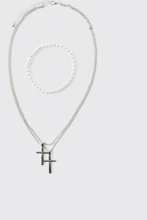 Boohoo Set De Collar Con Cruz Doble Y Pulsera De Perlas