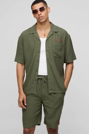 Boohoo Conjunto Oversize De Pantalón Corto Y Camisa De Lino Gruesa Con Bordado L